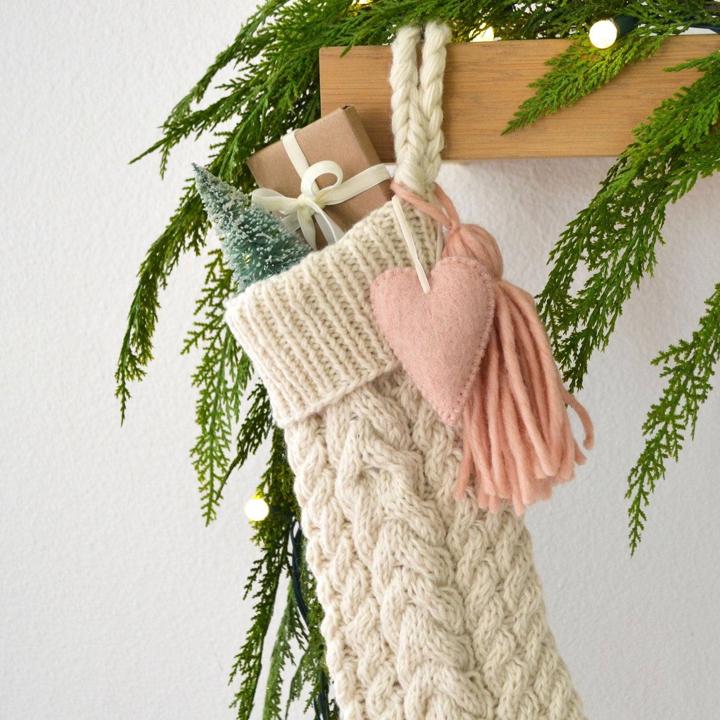 Cable Knit Christmas Stocking - Hand Knit Ivory Wool with Tassel & Felt Heart