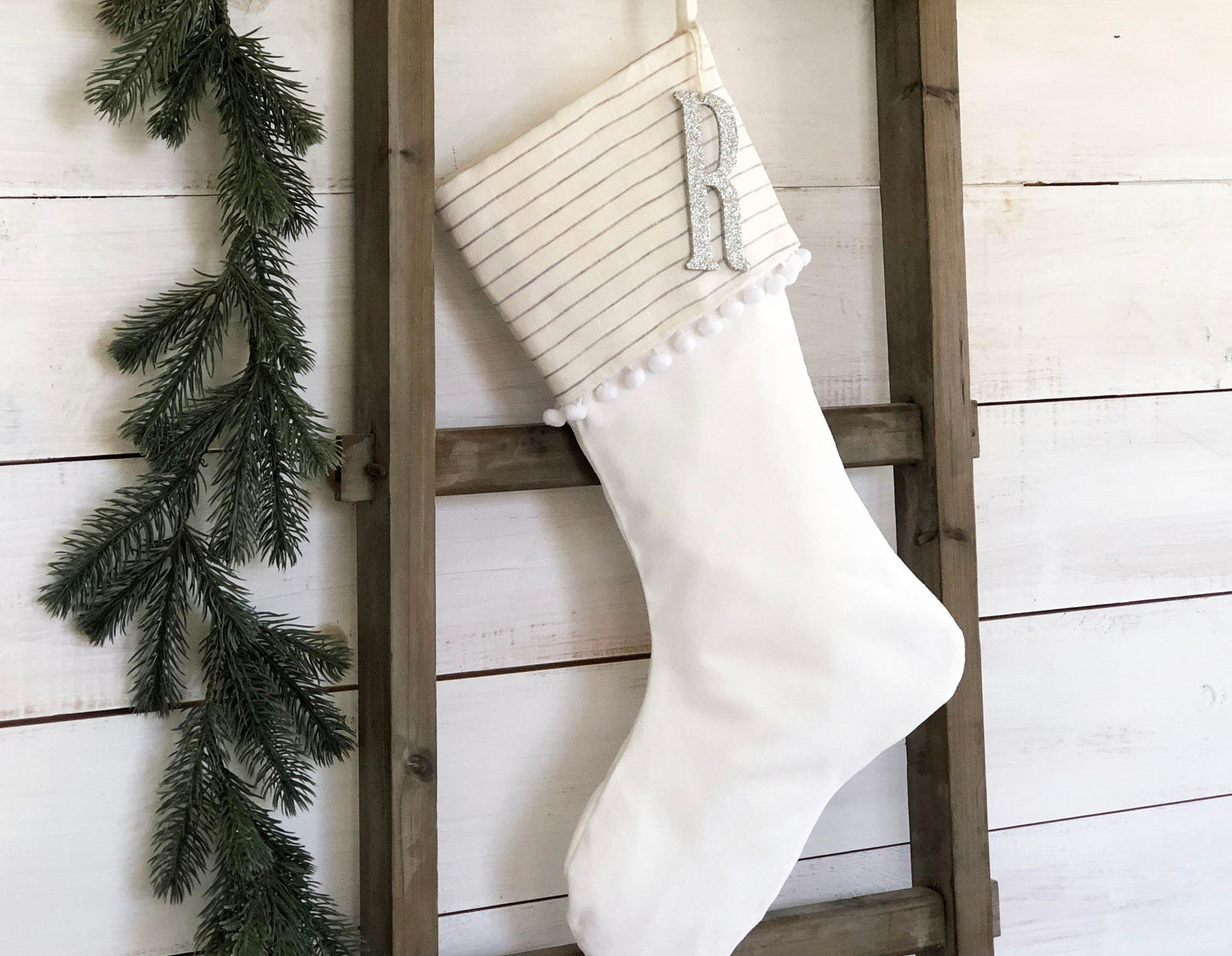 Personalized Velvet Christmas Stocking - Ivory & Gray Pinstripe with Pom Pom Trim