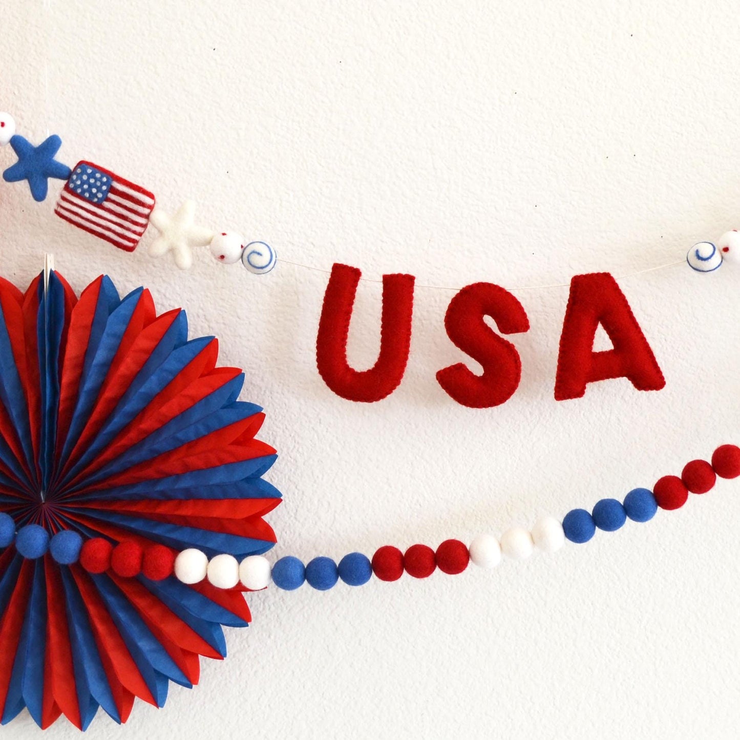 4th of July Felt Garland - Choice of USA or Red, White & Blue Ombre Felt Ball Garland