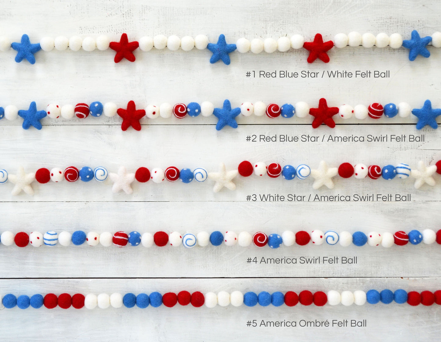 4th of July Felt Ball Garland - Choice of Red, White & Blue Ombre Garland or Star Garland