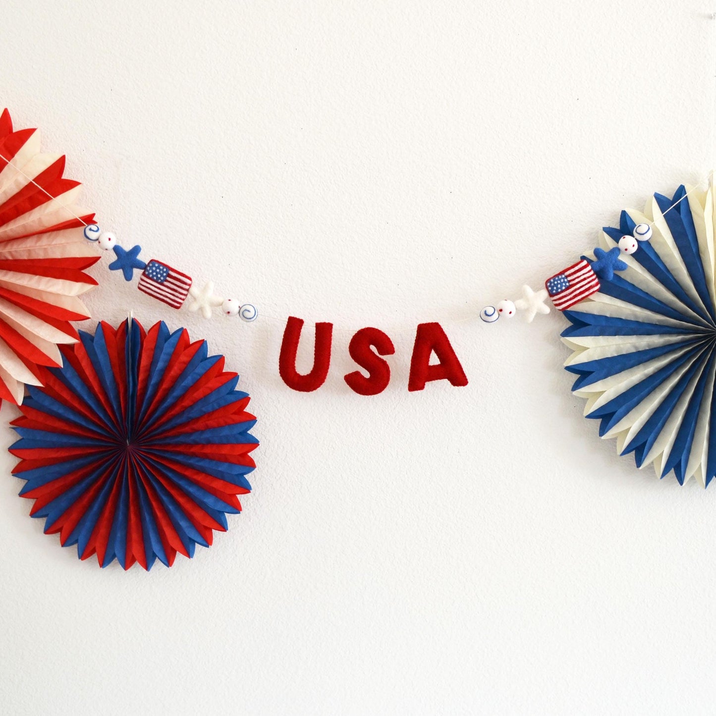 4th of July Felt Garland - Choice of USA or Red, White & Blue Ombre Felt Ball Garland