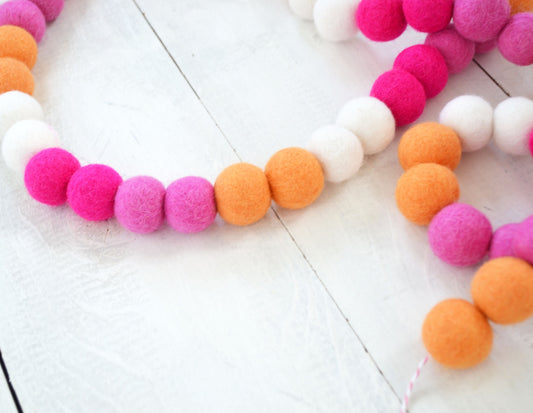Valentine's Felt Ball Garland - Pink, Orange and White Ombre