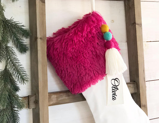Personalized Christmas Stocking - Magenta Fur and Velvet Stocking
