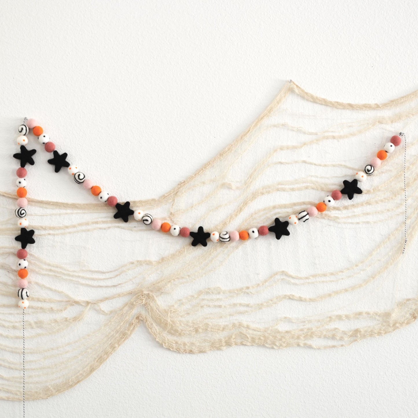 Halloween Garland with Black Wool Stars and Colorful Felt Balls