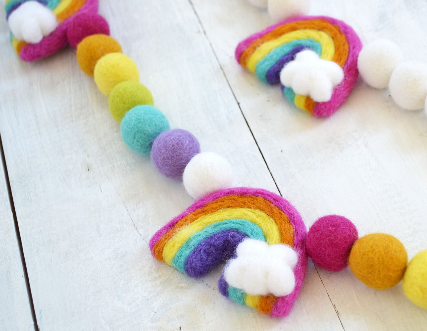 Felt Ball Garland - Choice of Rainbows with White Felt Balls or Rainbow with Colorful Felt Balls