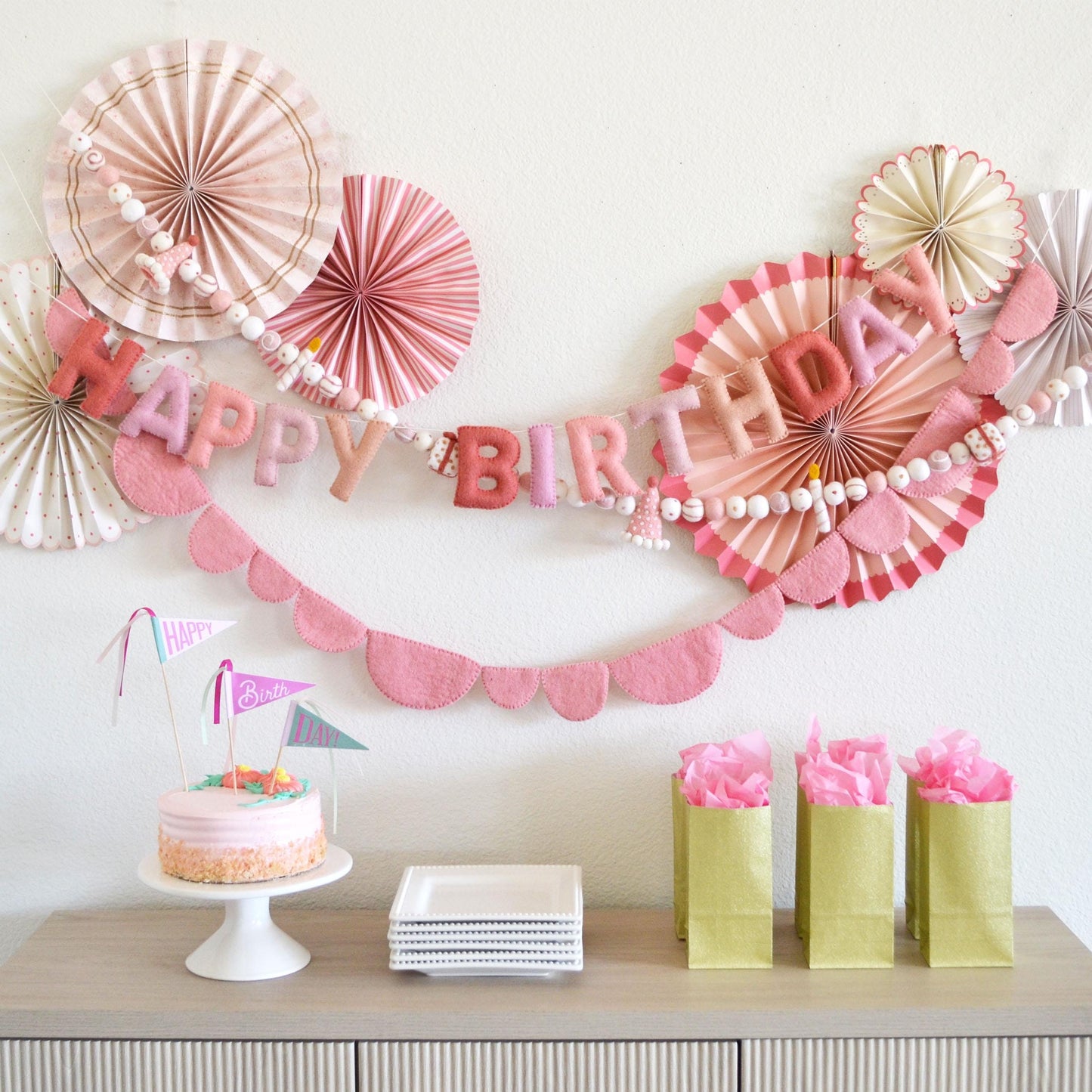 Pink Party Hat Felt Ball Garland