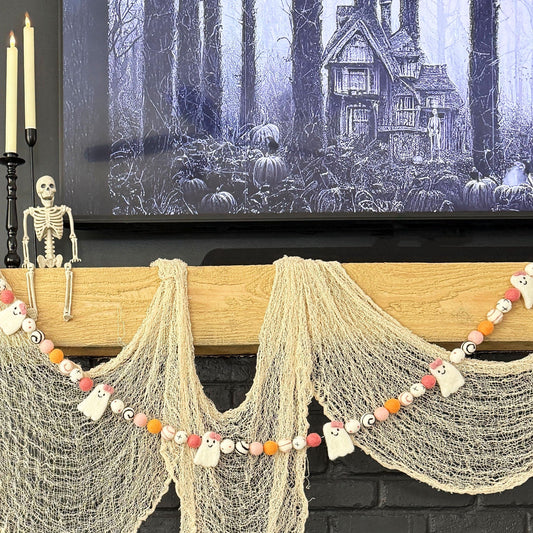 Halloween Felt Ball Garland - White Ghosts