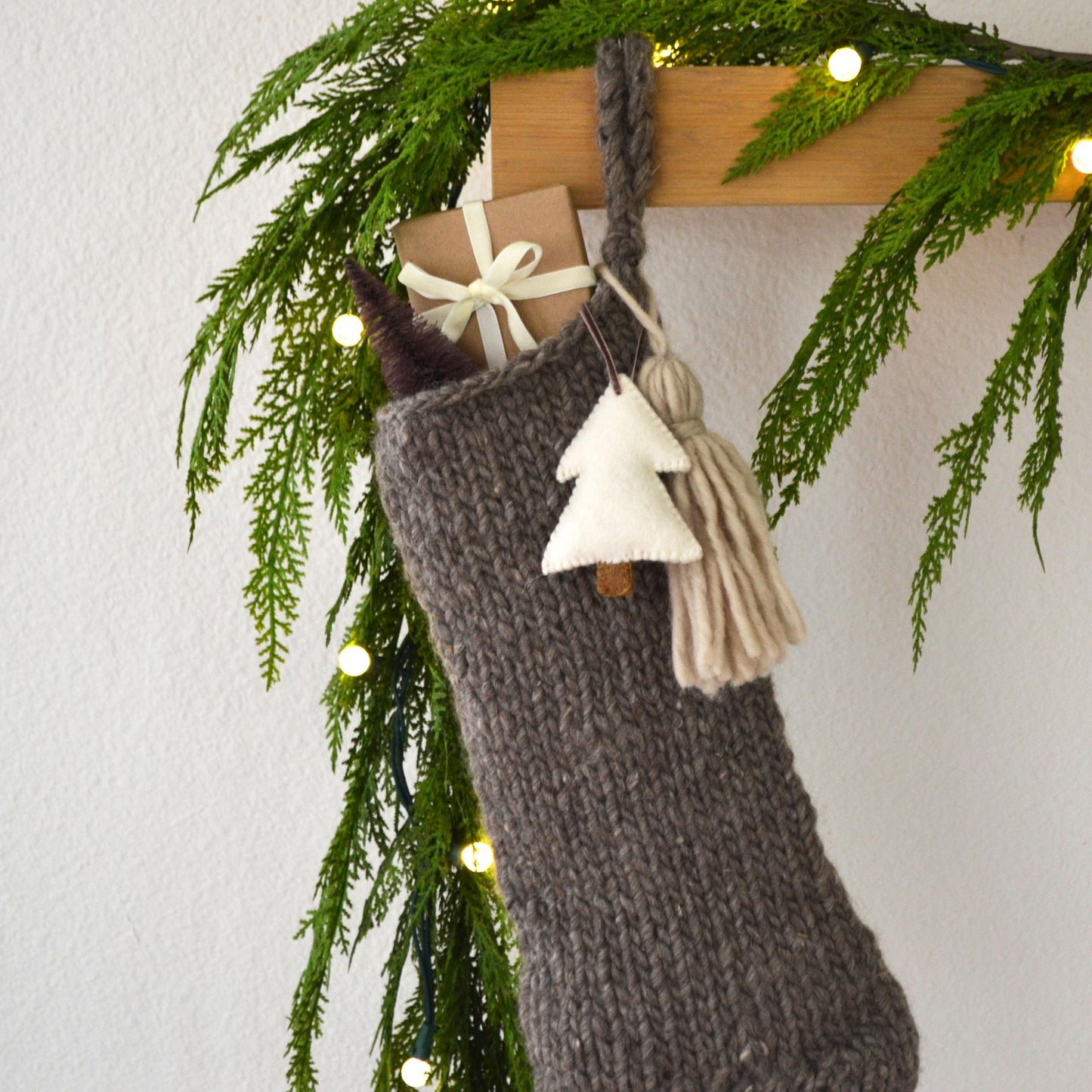 Chunky Wool Hand Knit Christmas Stocking with Felt Tree and Tassel