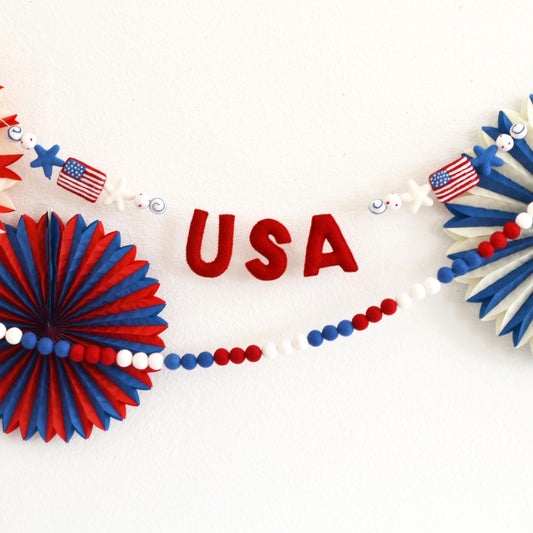 4th of July Felt Garland - Choice of USA or Red, White & Blue Ombre Felt Ball Garland