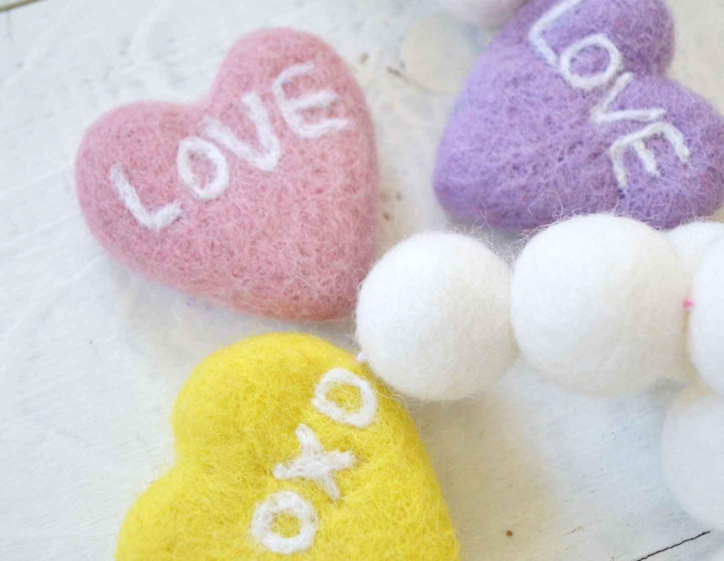 Heart Felt Ball Garland - Valentines Day Felt Garland, Felt Ball Garland, Conversation Heart Garland, Valentines Day Felt Ball Garland