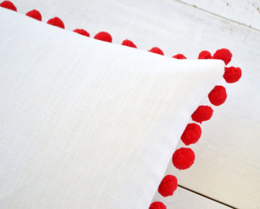 White and Red Pom Pom Pillow Cover - 20 Inch Pillow Cover - Kids Room Decor, Kids Pillow, Christmas Pillow, Red Pillow, Pom Pom Pillow