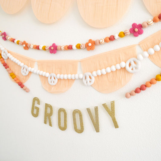 Felt Ball Garland - Choice of Flower Felt Ball Garland, White Peace Garland or Gold Glitter GROOVY Banner