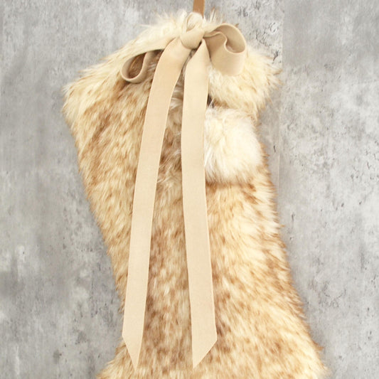 Honey Brown Faux Fur Christmas Stocking with Fur Pom Poms and Velvet Bow