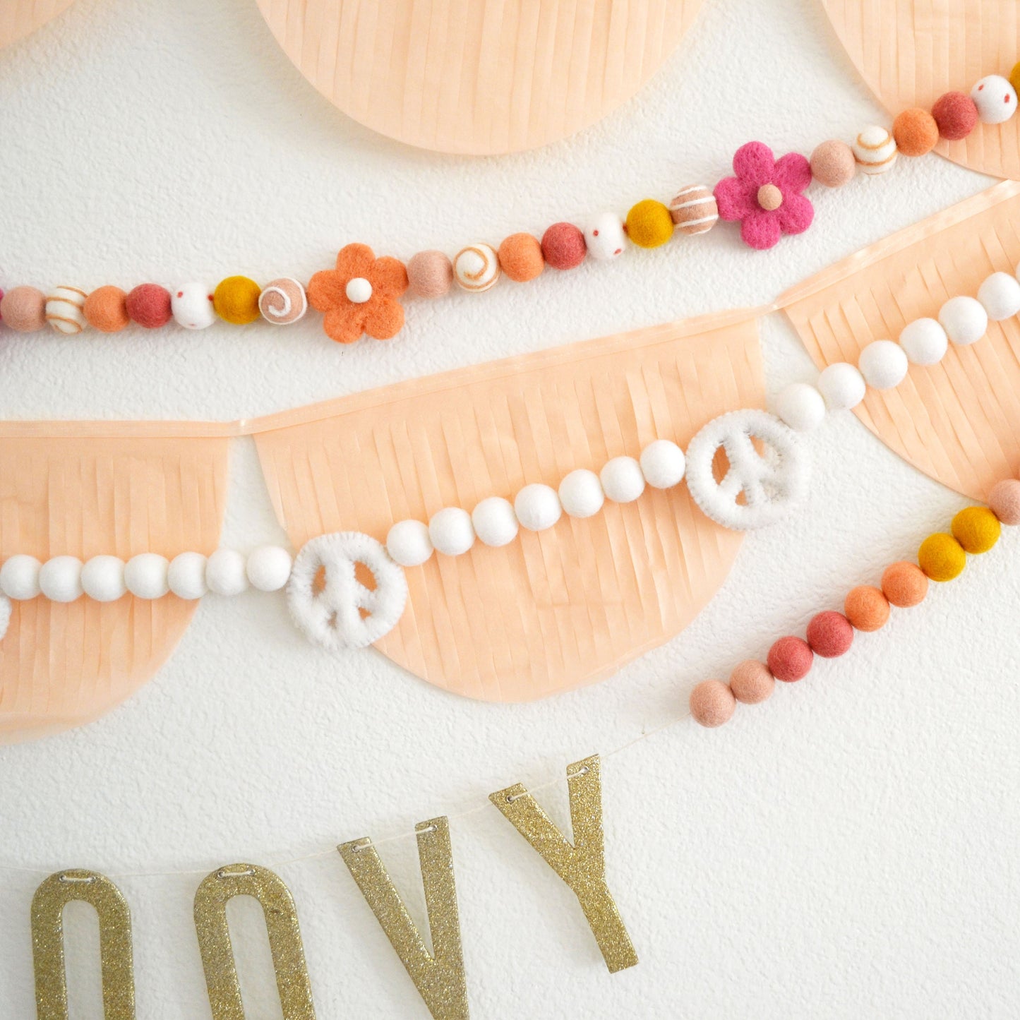 Felt Ball Garland - Choice of Flower Felt Ball Garland, White Peace Garland or Gold Glitter GROOVY Banner