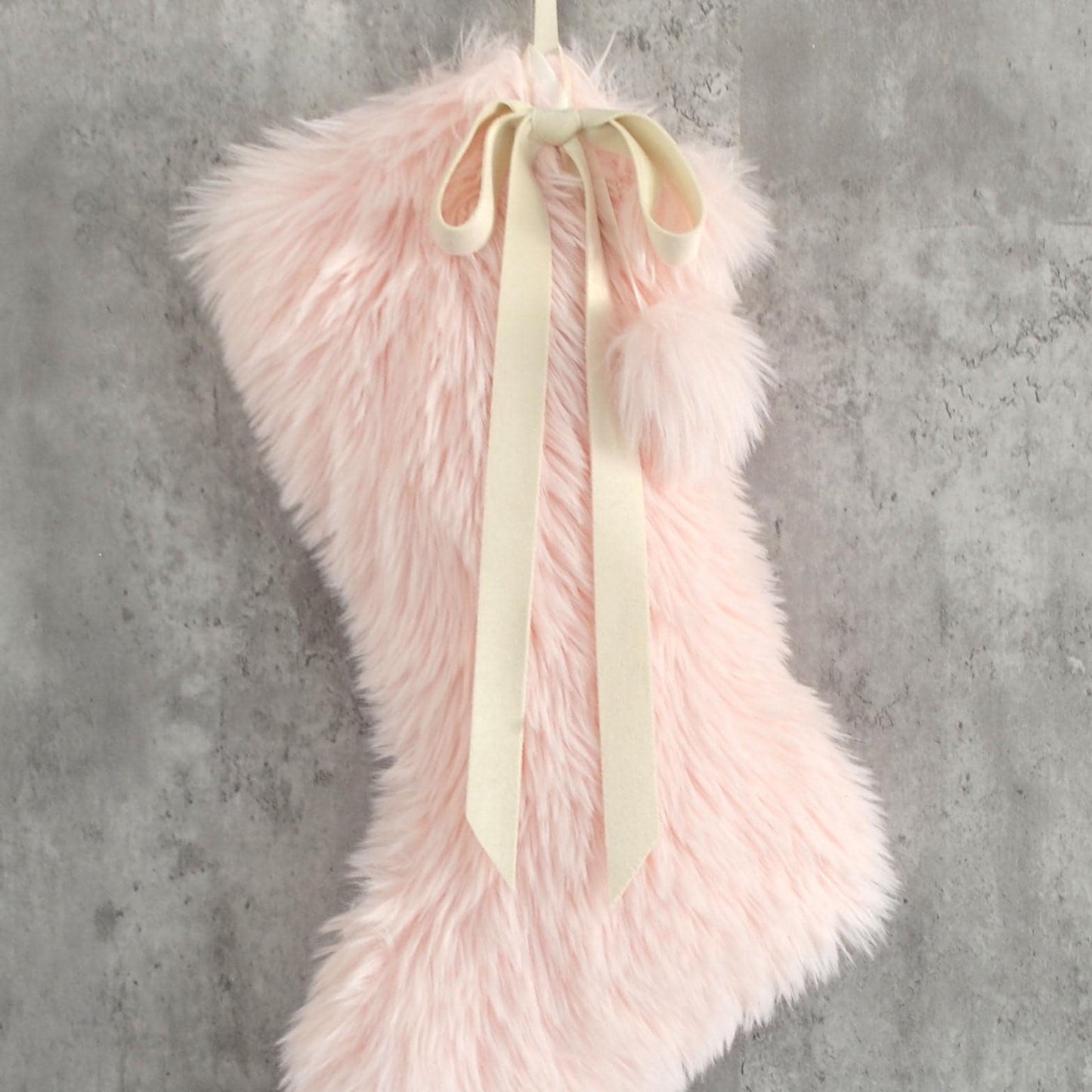 Baby Pink Faux Fur Christmas Stocking with Fur Pom Poms and Velvet Bow - Stockings For Girls