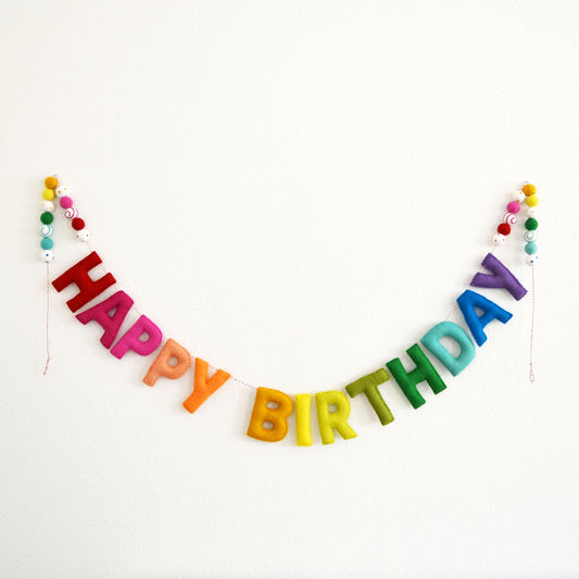 Happy Birthday Banner or Hat, Gift & Candle Felt Ball Garland or 4cm Rainbow Ombré Felt Garland