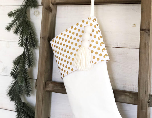 Personalized Christmas Stocking - Gold Polka Dot and Velvet Stocking