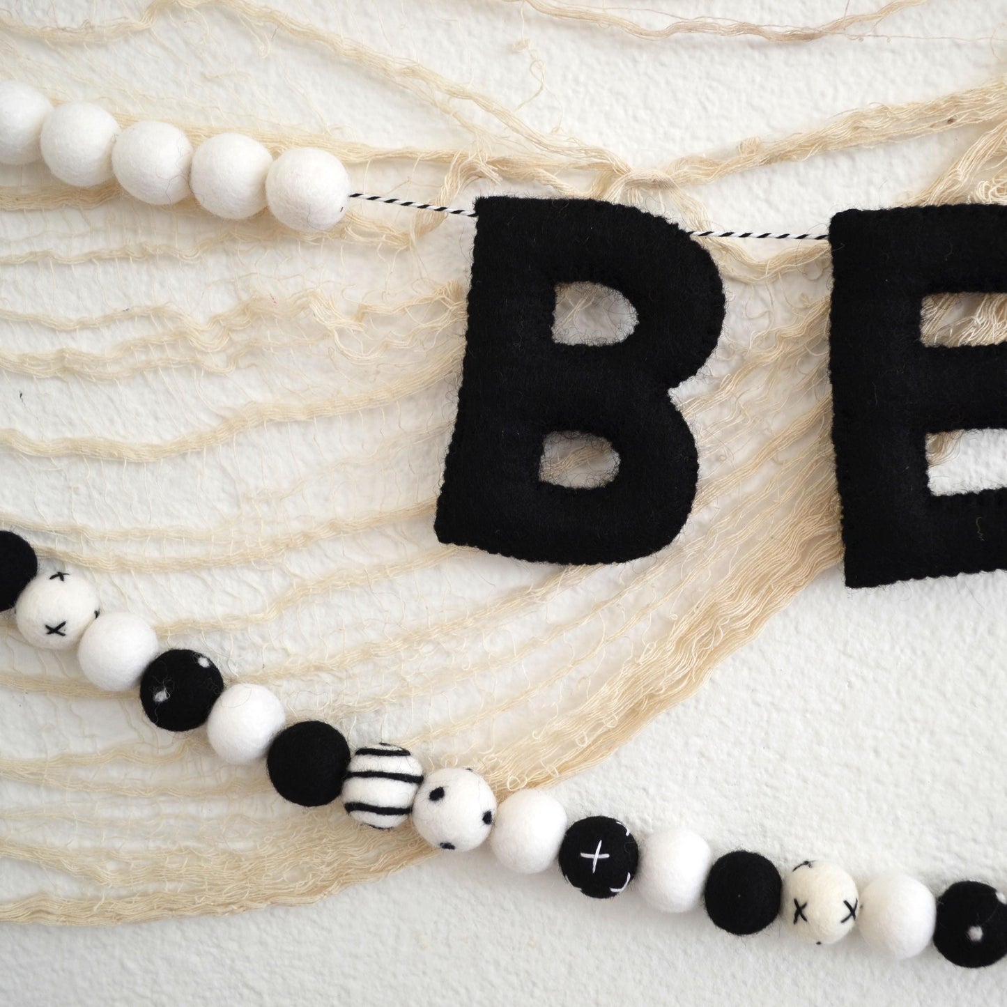 Halloween Felt Ball Garland- Choice of BEWARE Banner or Black and White Felt Ball Garland