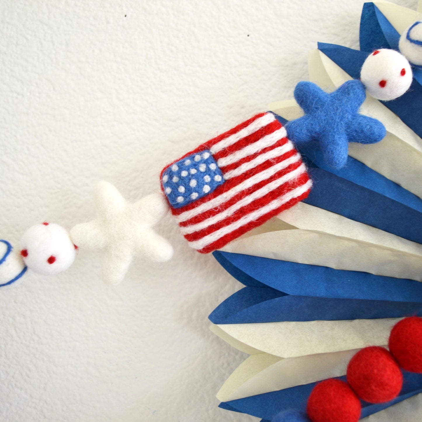 4th of July Felt Garland - Choice of USA or Red, White & Blue Ombre Felt Ball Garland