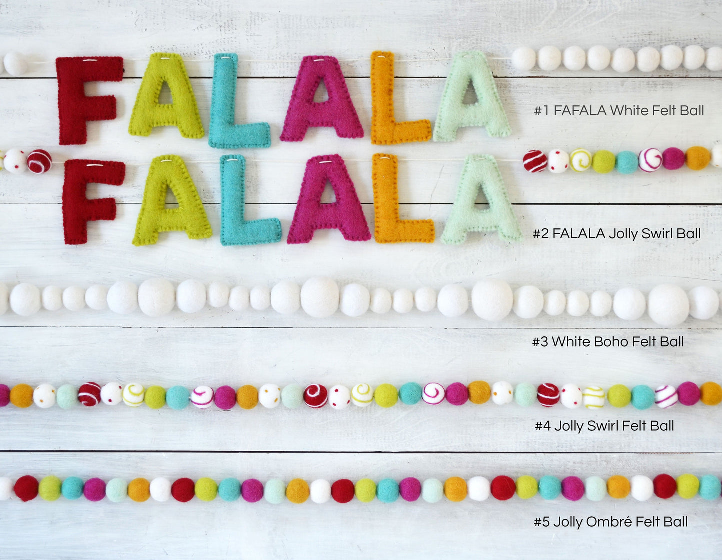 Christmas Felt Garland - Choice of Christmas Felt Balls, White Boho Felt Balls or FALALA