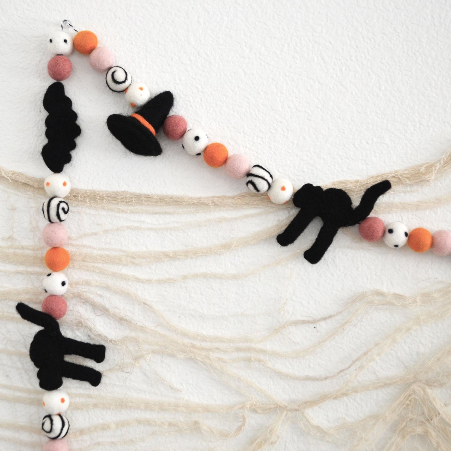 Halloween Felt Ball Garland - Black Hats, Cats & Bats