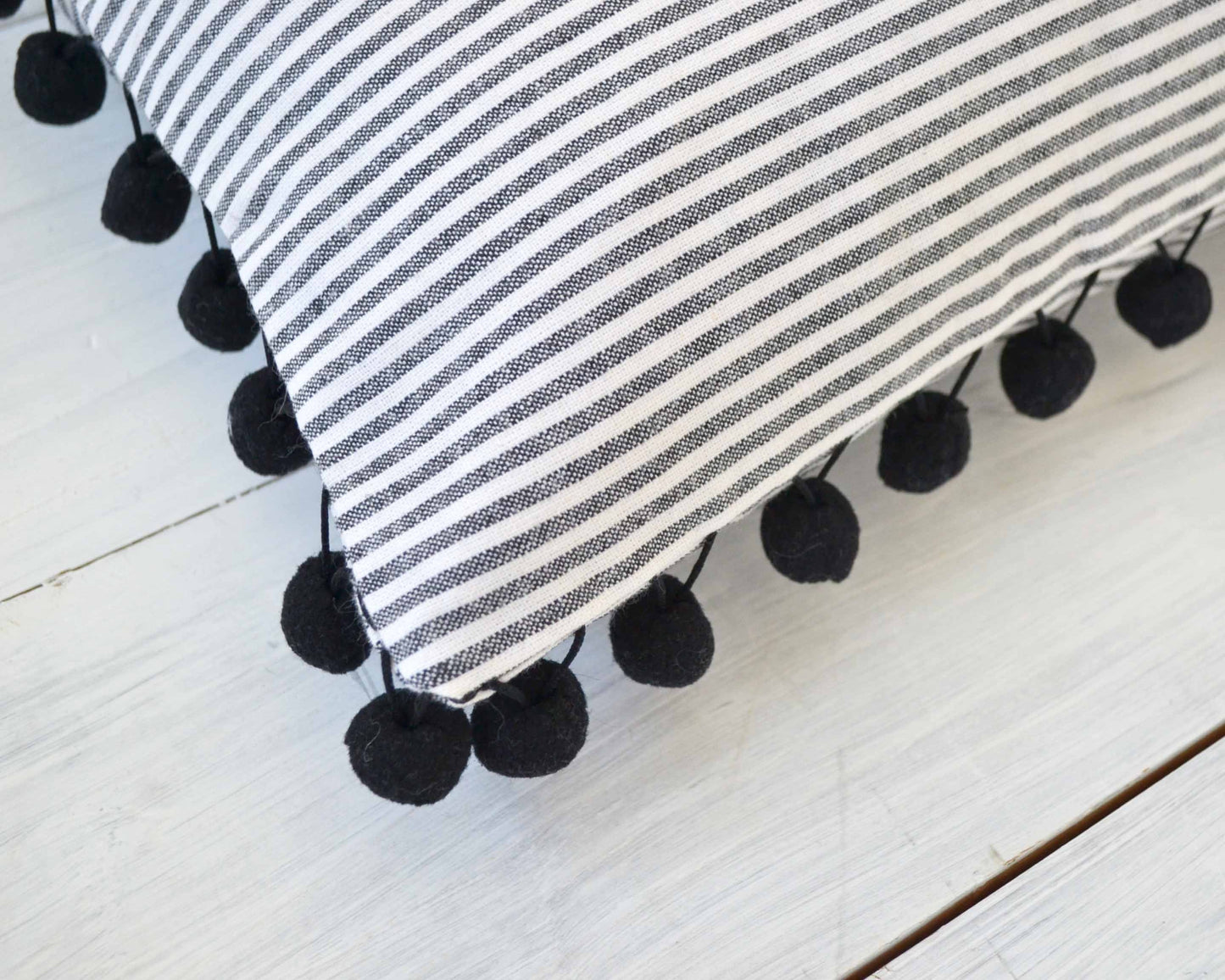 Striped Pillow Cover with Pom Pom Trim- Black and White Pinstripe Pillow Cover- 12" x 20" - Farmhouse Pillow, Pom Pom Pillow, Stripe Pillow