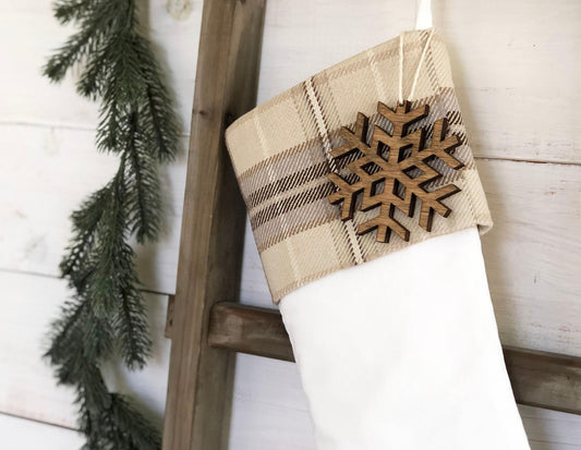Personalized Christmas Stocking - Tan Plaid and Velvet