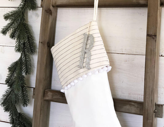 Personalized Velvet Christmas Stocking - Ivory & Gray Pinstripe with Pom Pom Trim