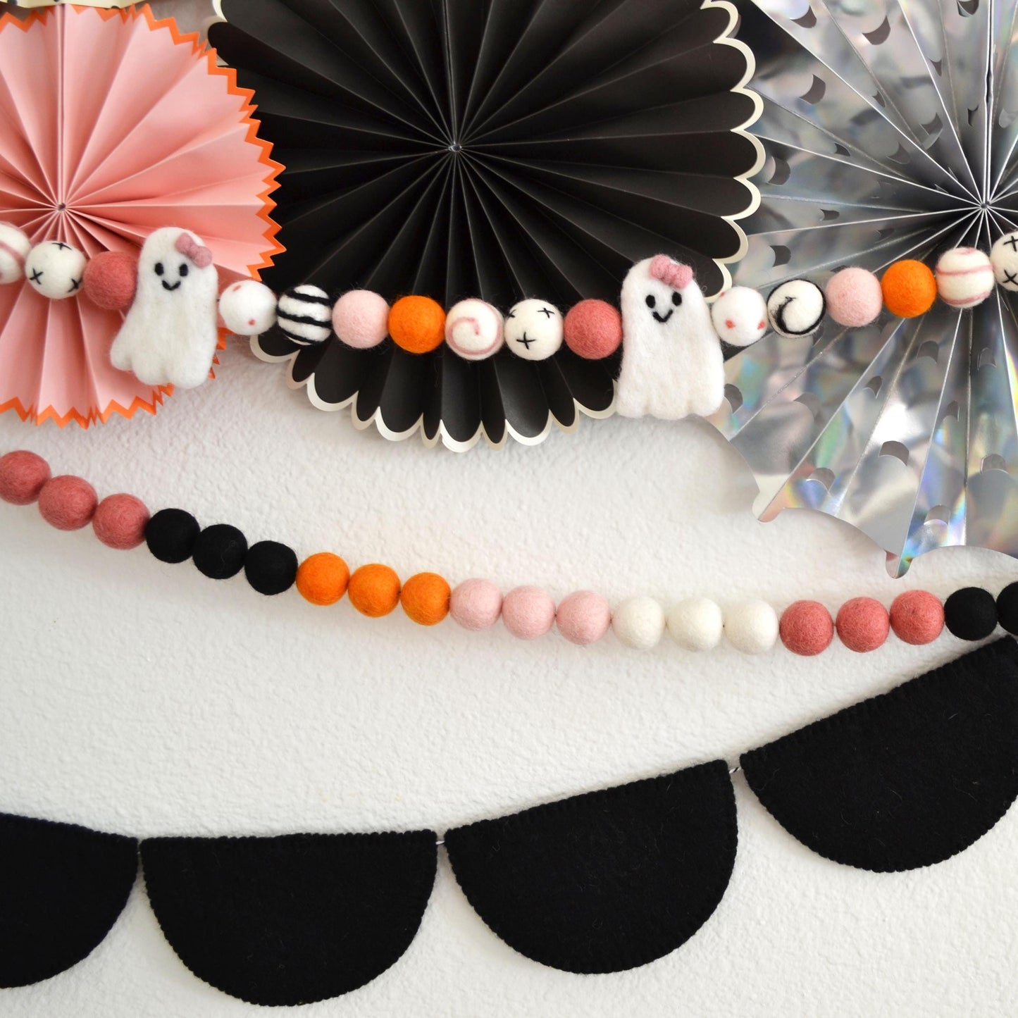 Halloween Garland | Halloween Felt Ball Garland | Ghost with Bow Felt Garland | Halloween Decoration | Halloween Banner | Halloween Decor