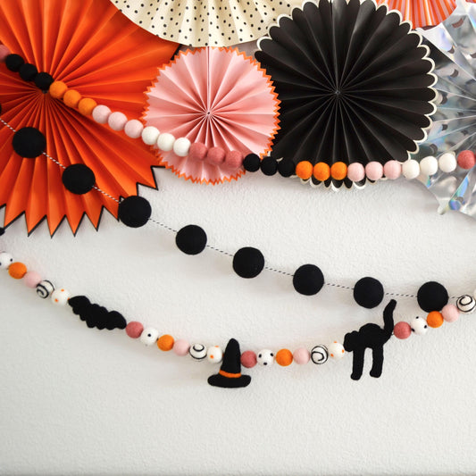 Halloween Garland | Halloween Felt Ball Garland | Hat,Cat & Bat Garland | Halloween Decoration | Halloween Banner | Halloween Decor | Felt