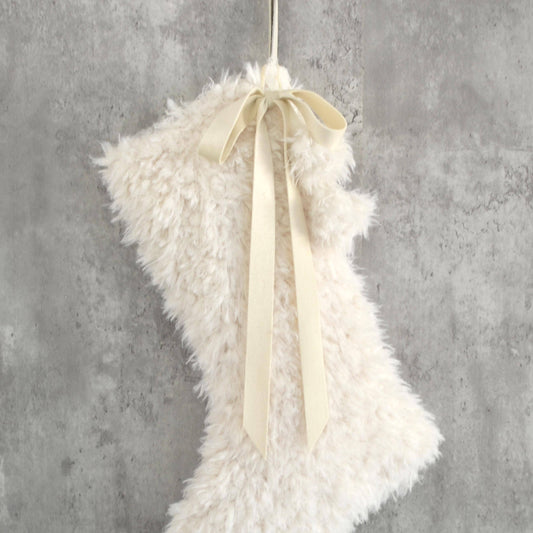 Ivory Sherpa Faux Fur Christmas Stocking with Fur Pom Poms and Velvet Bow