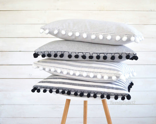 Pinstripe Pillow Cover with Large White Pom Poms -12" x 20"- Striped Pom Pom Pillow Cover, Decorative Pillow, White Pom Pillow, Boho Pillow