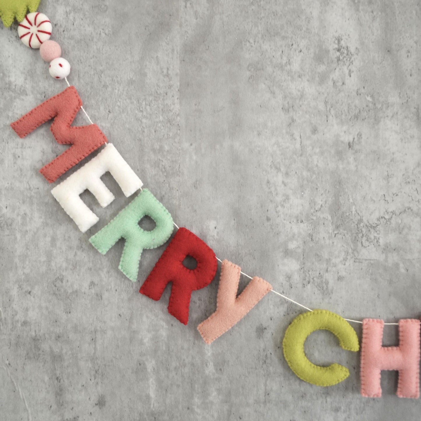 Merry Christmas Felt Banner with Wool Christmas Tree, Peppermint and Star