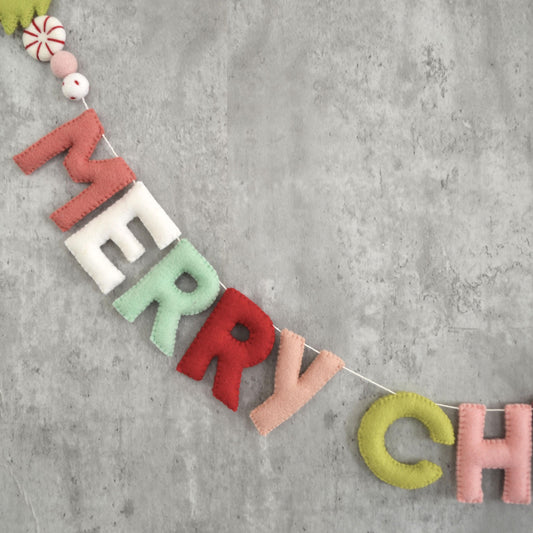 Merry Christmas Felt Banner with Wool Christmas Tree, Peppermint and Star