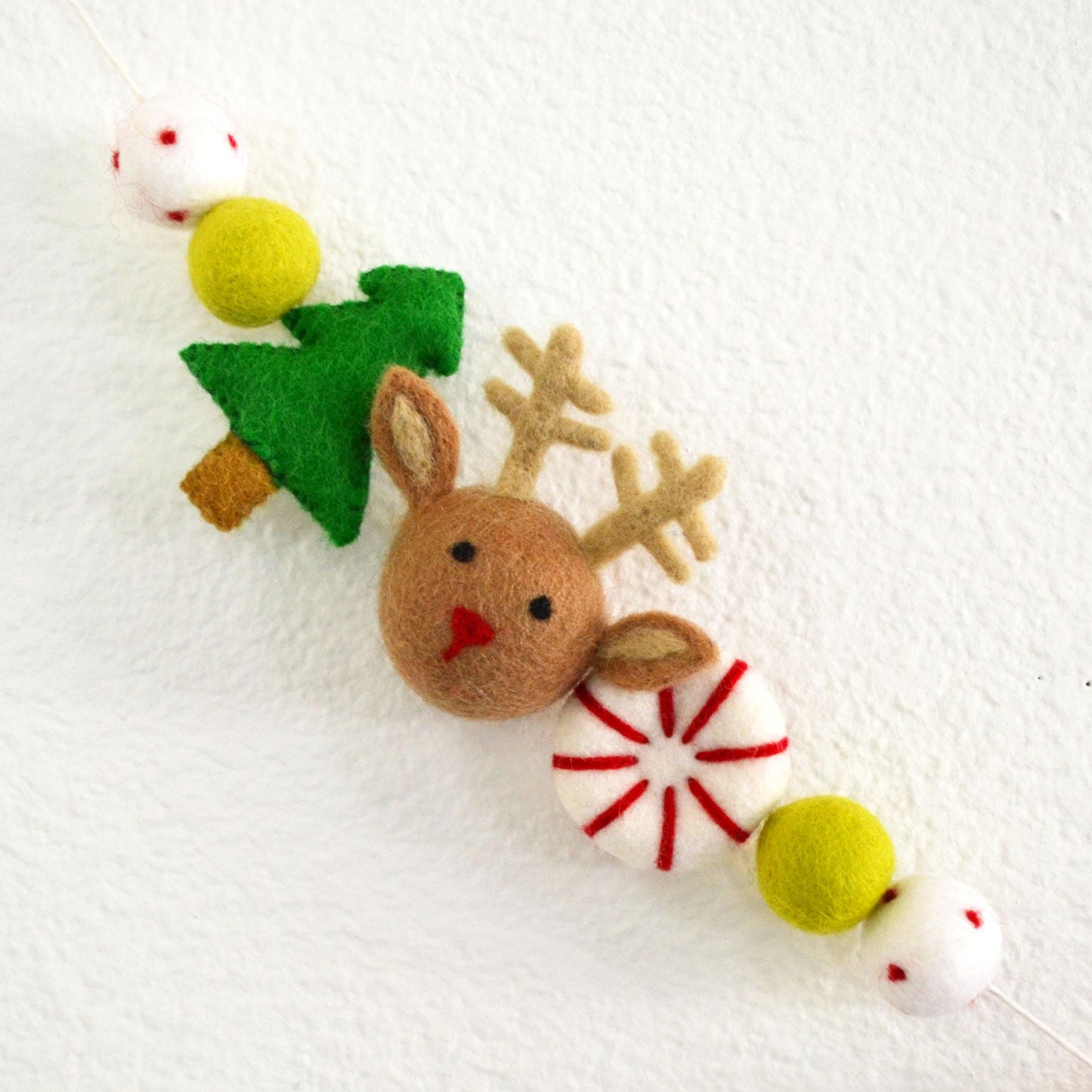 BE MERRY Felt Ball Garland with Red Letters, Peppermint, Reindeer, Christmas Tree and Colorful Wool Felt Balls