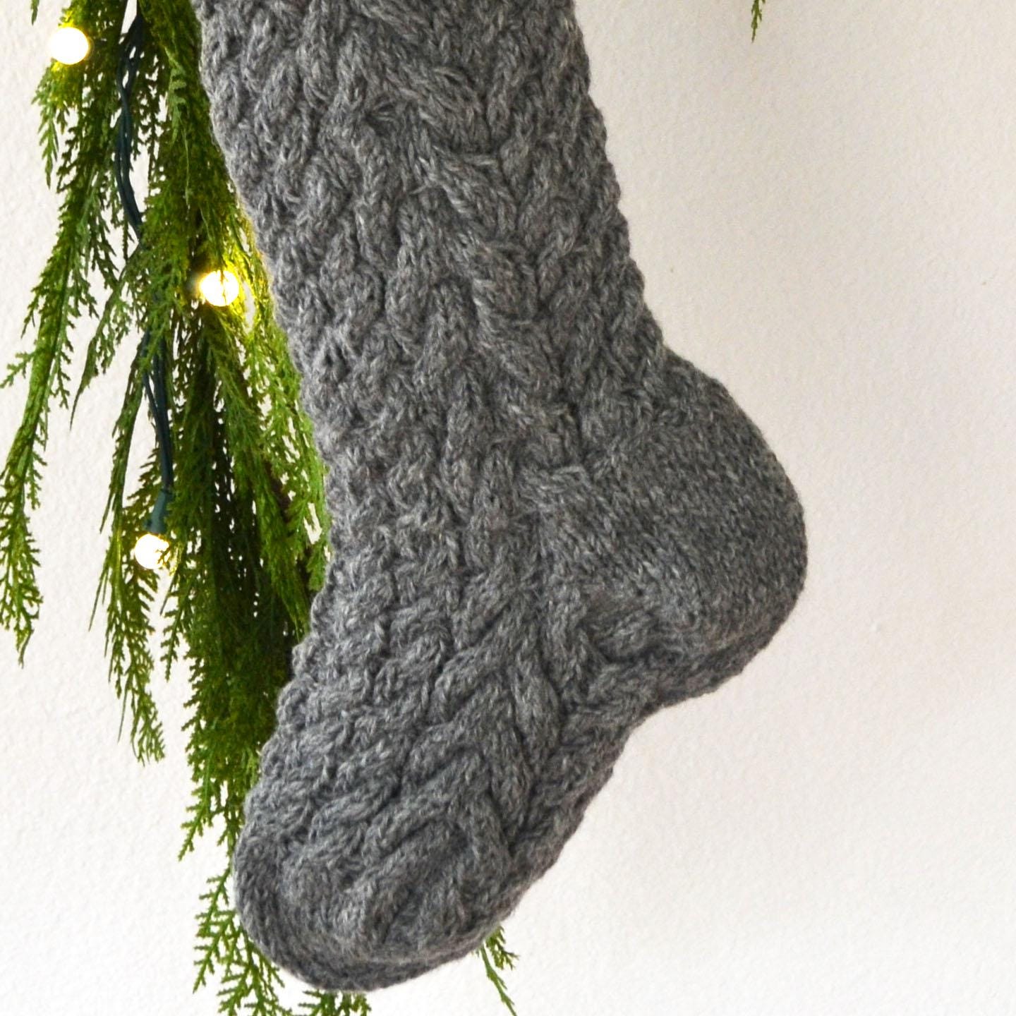 Cable Knit Gray Christmas Stocking with Tassel & Initial