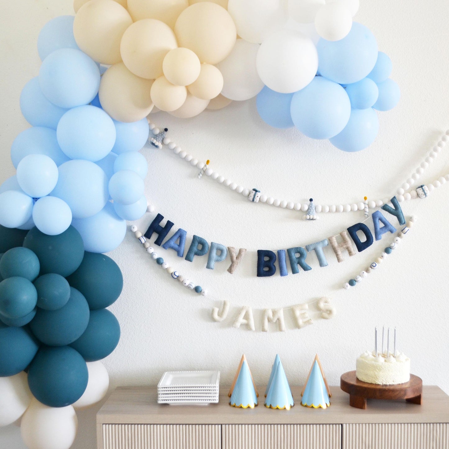 Blue Party Hat, Gift and Candle Felt Garland with White Felt Balls