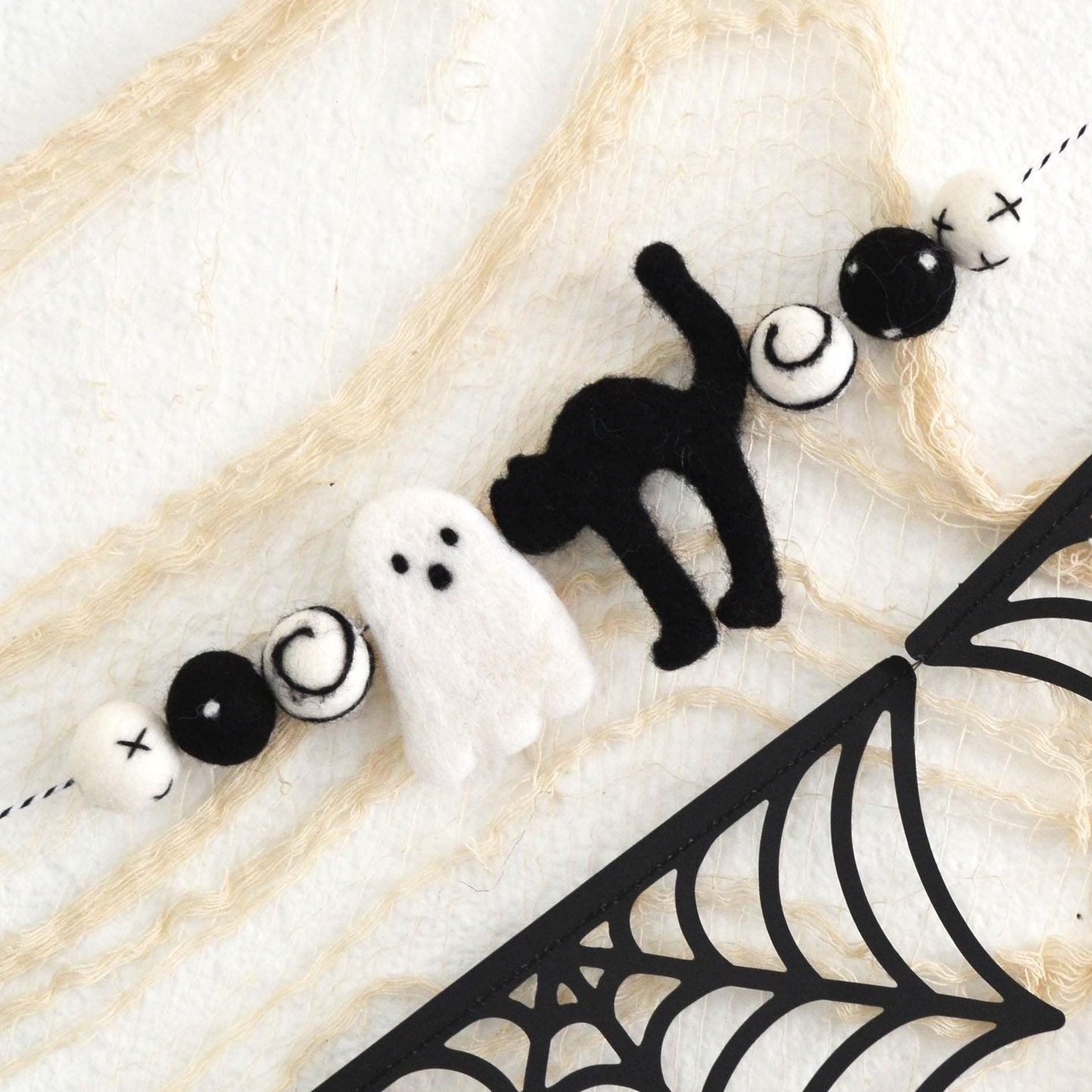 Halloween Felt Ball Garland - Choice of SPOOKY Banner, Black Cardstock Webs or 4cm Black, Gray and White Felt Ball Garland