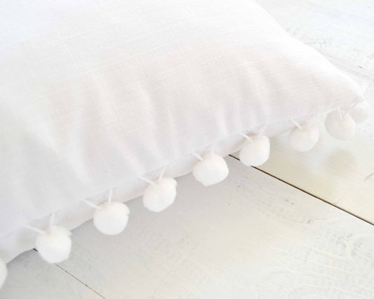White Pom Pom Pillow Cover - Large Poms 7/8"- Farmhouse Pillow, Throw Pillow, Pom Pillow Cover, Boho Pillow, Kids Room Decor, Nursery Decor