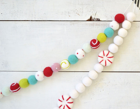 Christmas Felt Garland - Choice of Colorful Felt Balls or Peppermints with White Balls
