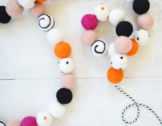 Halloween Felt Ball Garland - Black, Orange, White, Dark Pink