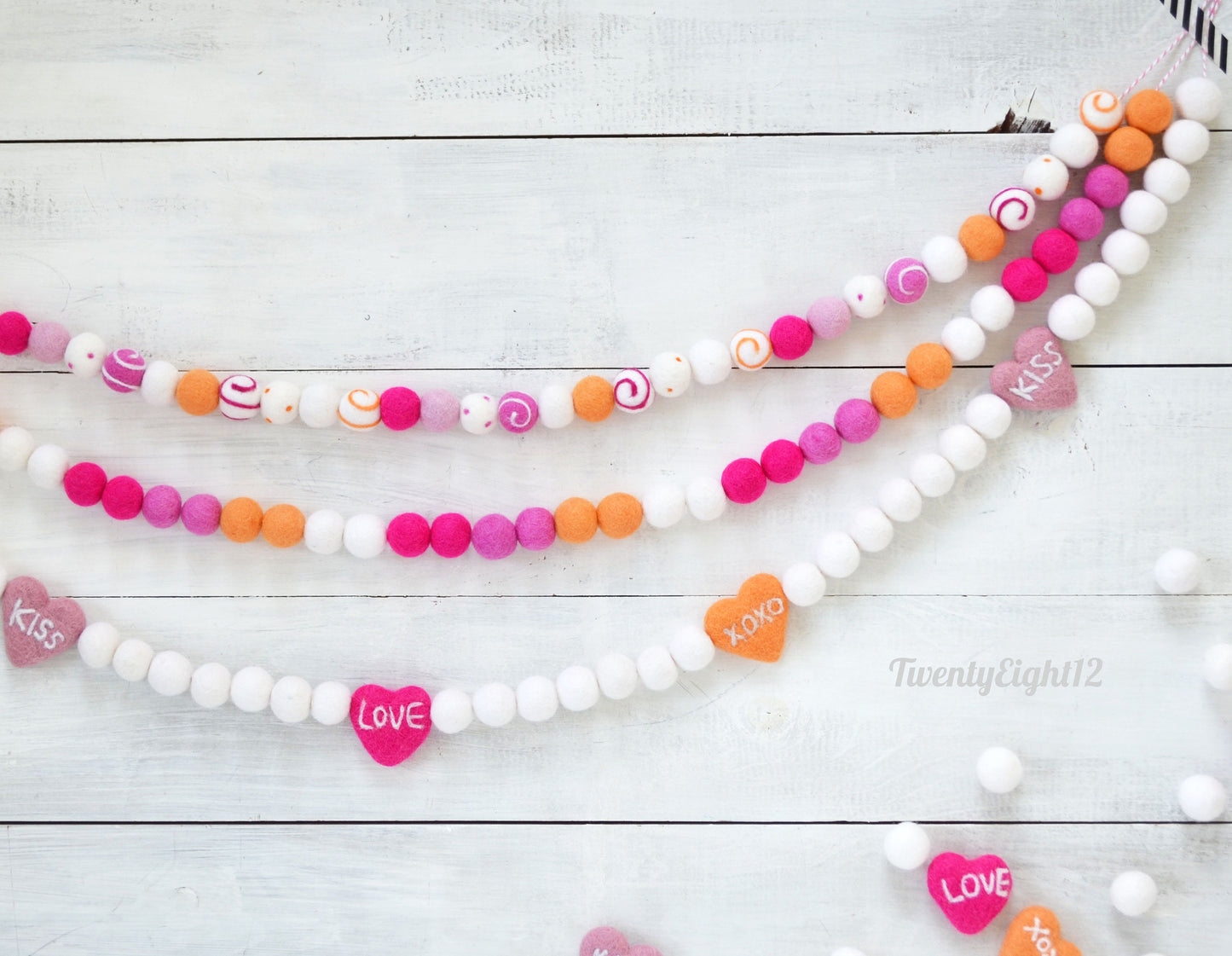 Heart Felt Ball Garland - Valentines Day Felt Garland, Felt Ball Garland, Conversation Heart Garland, Valentines Day Felt Ball Garland