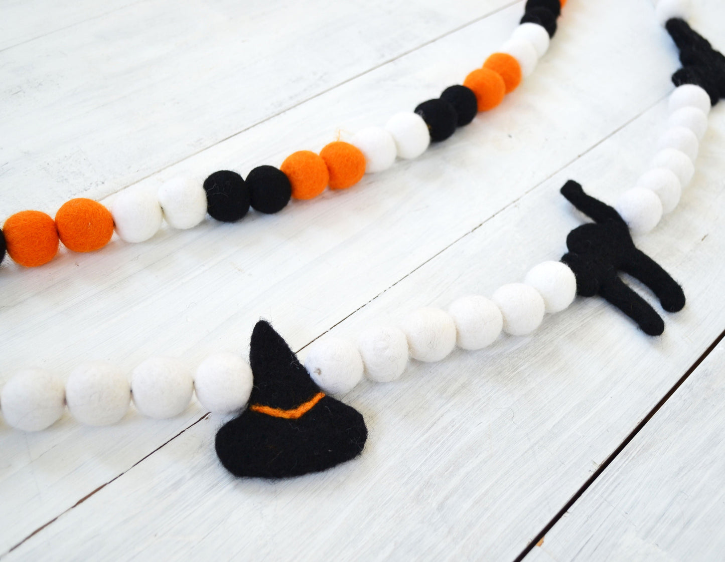 Halloween Felt Ball Garland - Choice of Orange, Black & White Ombre Felt Ball Garland or Hat, Cat & Bat Garland