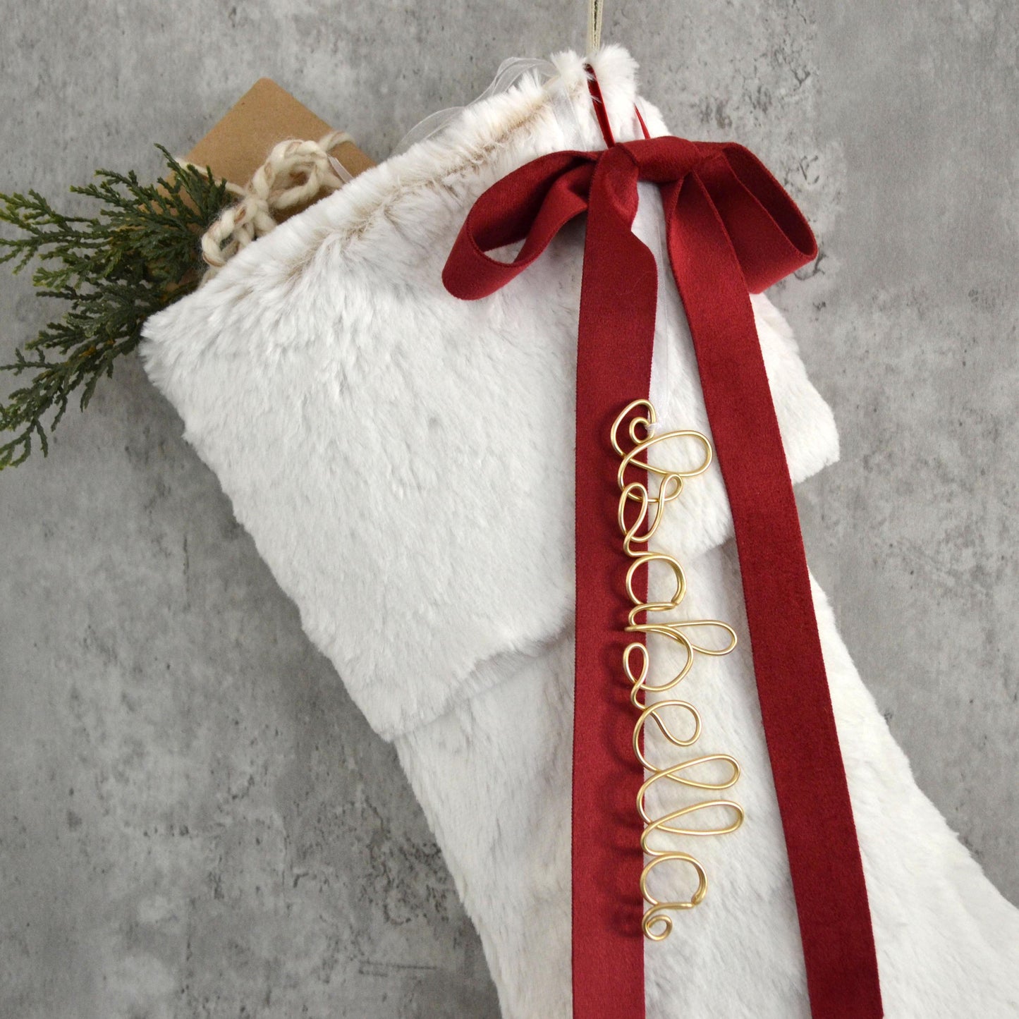 Faux Fur Christmas Stocking – White Fur Stocking with Velvet Bow Embellishment (Name tag NOT included)
