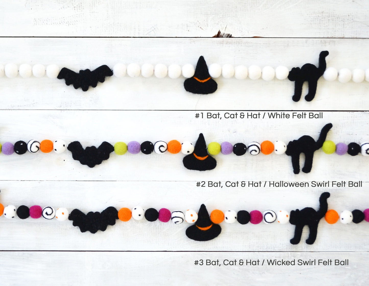 Halloween Felt Ball Garland - Choice of Orange, Black & White Ombre Felt Ball Garland or Hat, Cat & Bat Garland