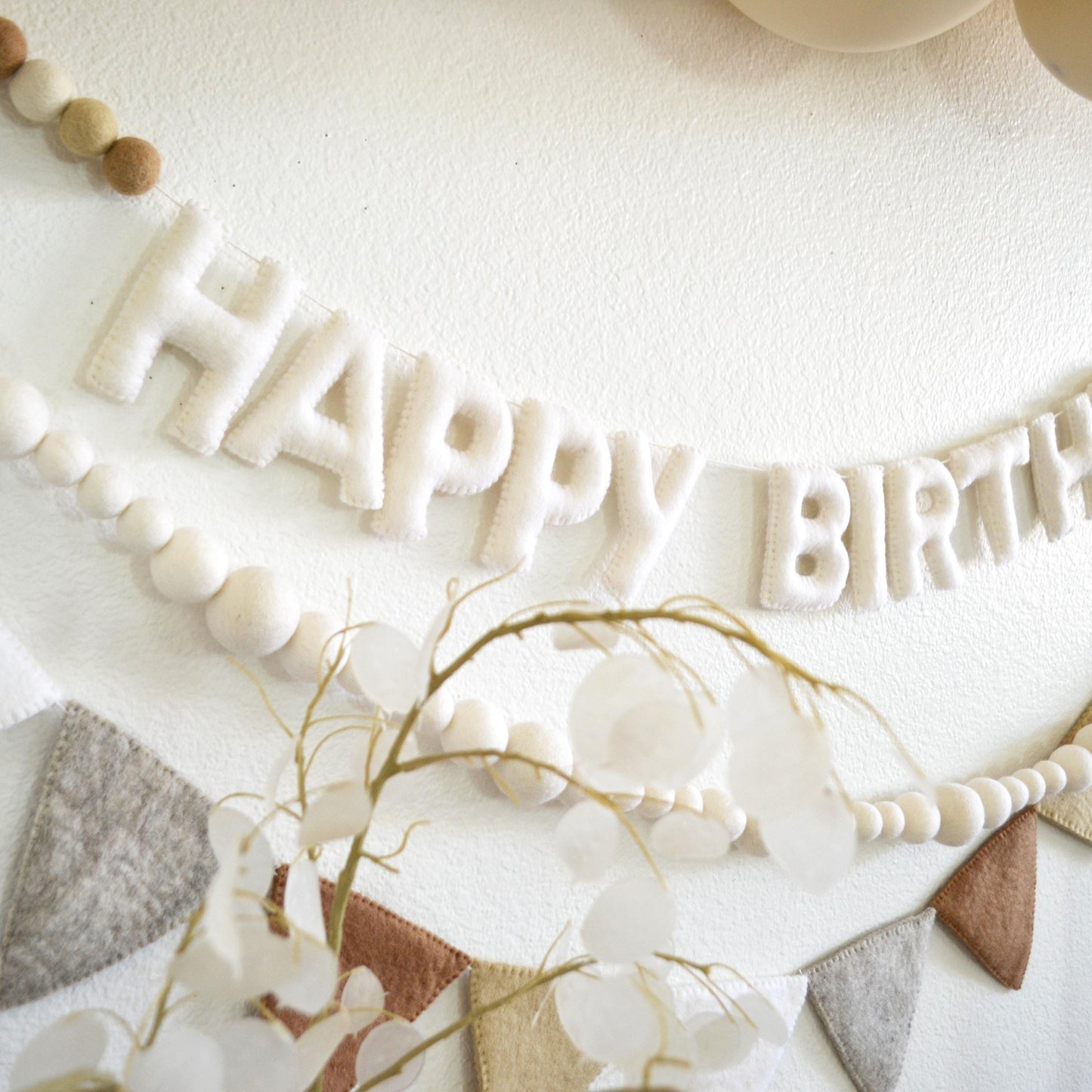 White Happy Birthday Felt Banner or Boho Felt Garland or Neutral Felt Flag Banner