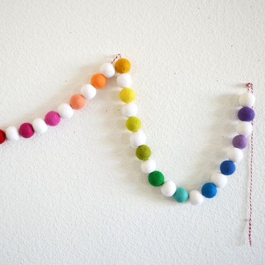 Rainbow Ombré and White Felt Ball Garland