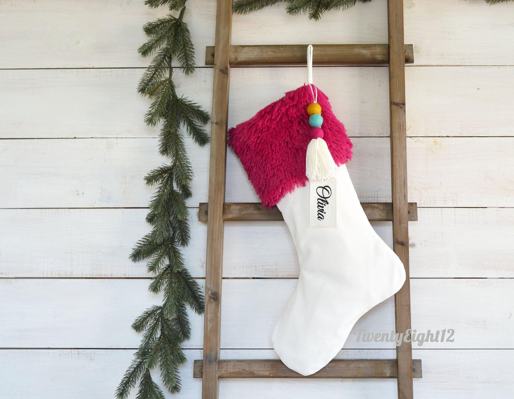 Personalized Christmas Stocking - Magenta Fur and Velvet Stocking
