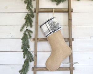 Plaid Burlap Stocking | Cozy Flannel and Burlap Christmas Stocking |  Stockings for Family | Woodland Christmas Decor | Boys Stocking