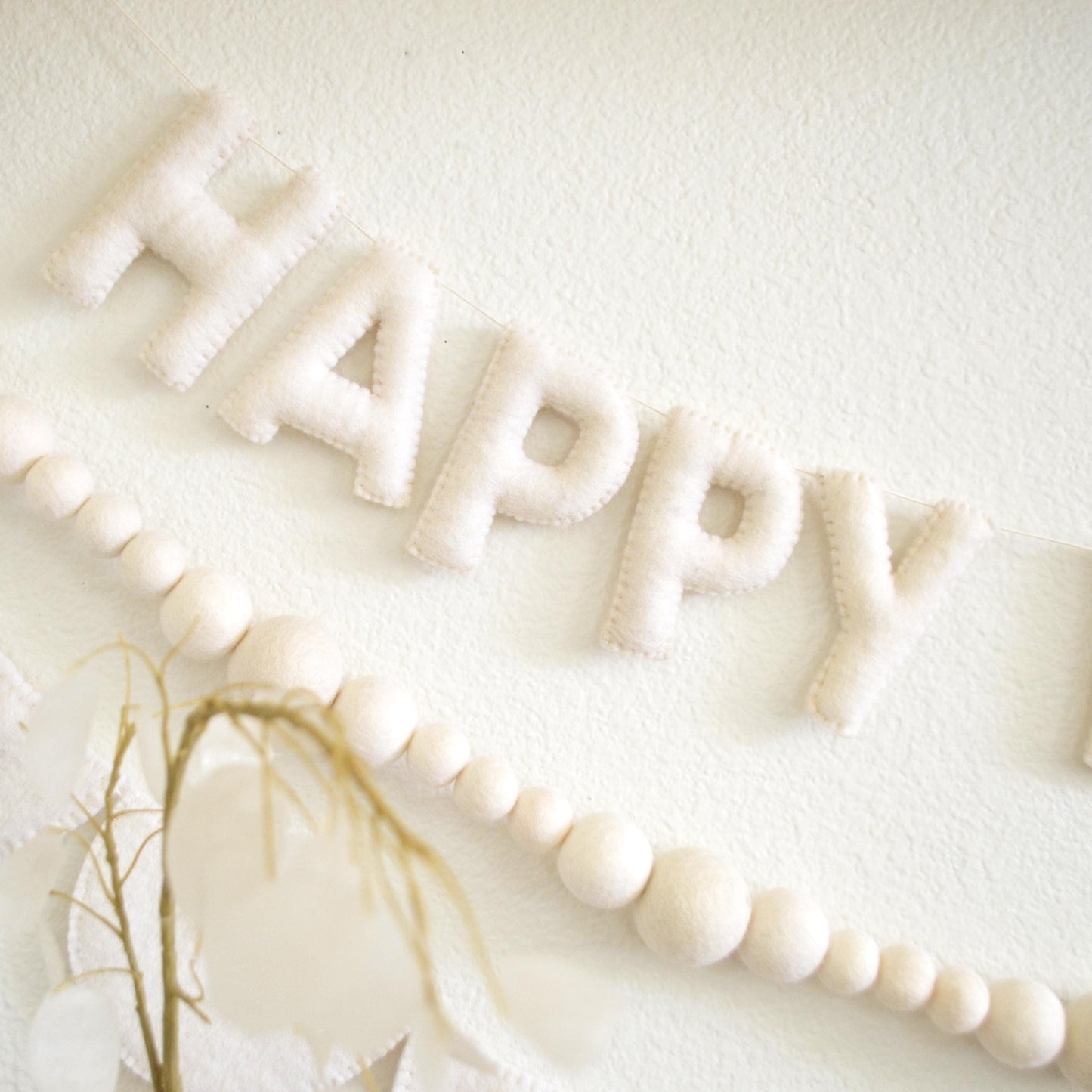 White Happy Birthday Felt Banner or Boho Felt Garland or Felt Scallop Banner